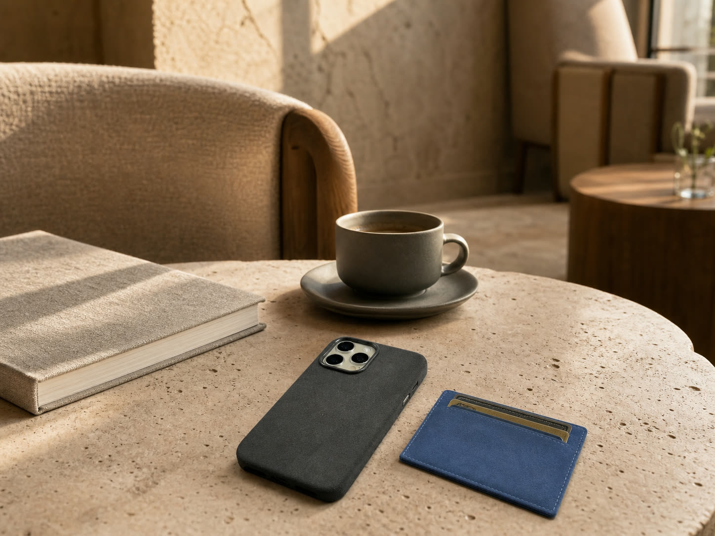 Virela soft-touch objects in a quiet hotel lounge