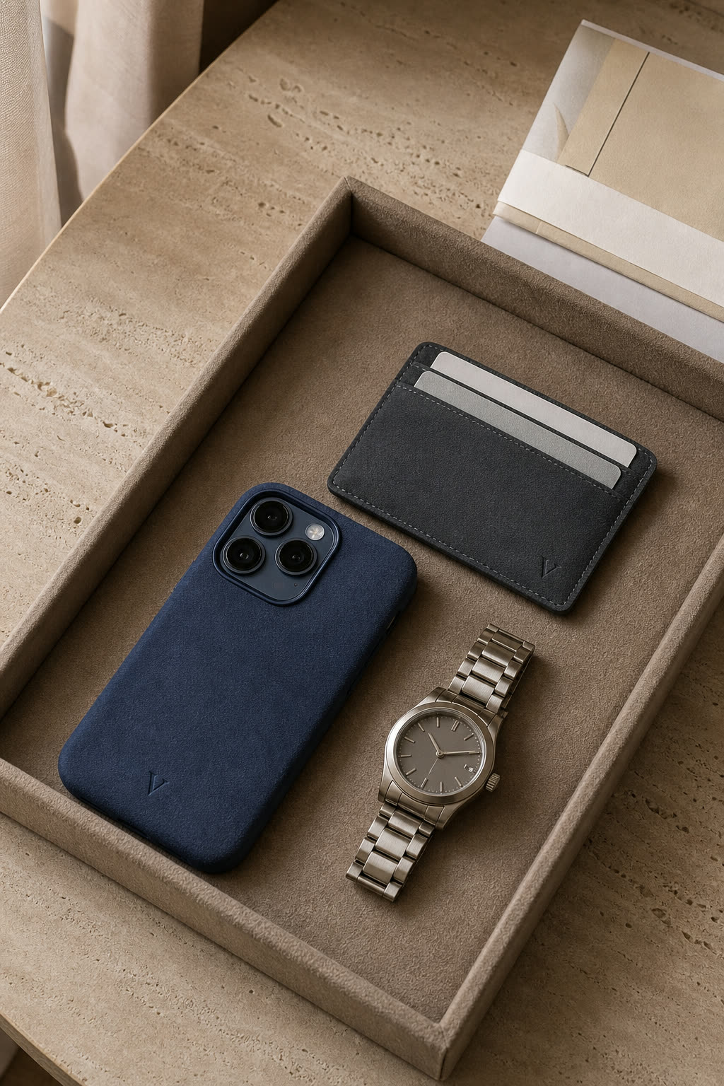Virela phone case and cardholder in a quiet travel routine