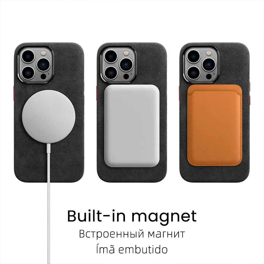 YMW Magnetic ALCANTARA Case for iPhone 16 Pro Max 15 14 13 mini Luxury Business Supercar Interior Same Suede Leather Phone Cover