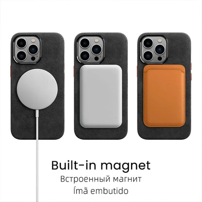 YMW Magnetic ALCANTARA Case for iPhone 16 Pro Max 15 14 13 mini Luxury Business Supercar Interior Same Suede Leather Phone Cover