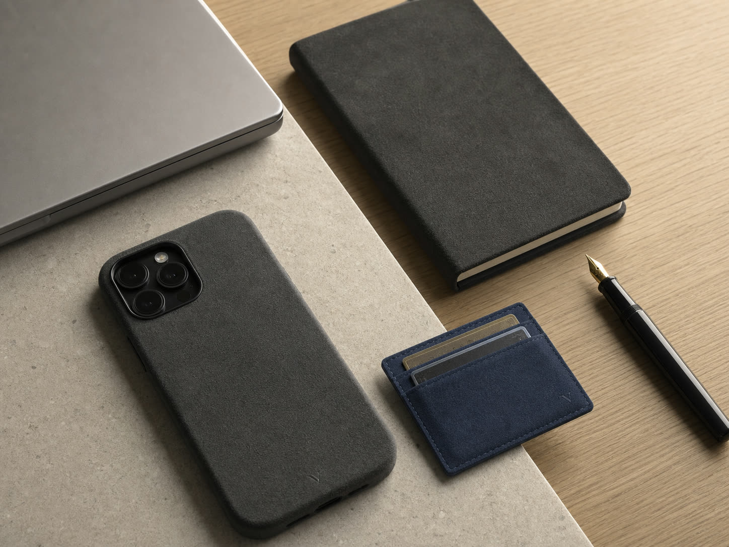 Virela phone case and cardholder in a desk routine