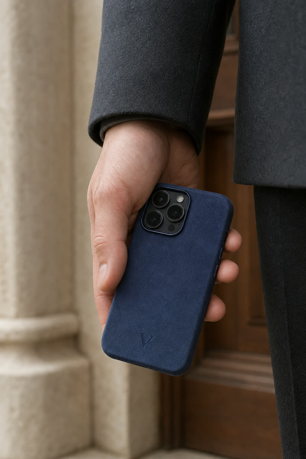 Navy Virela soft-touch phone case carried in hand