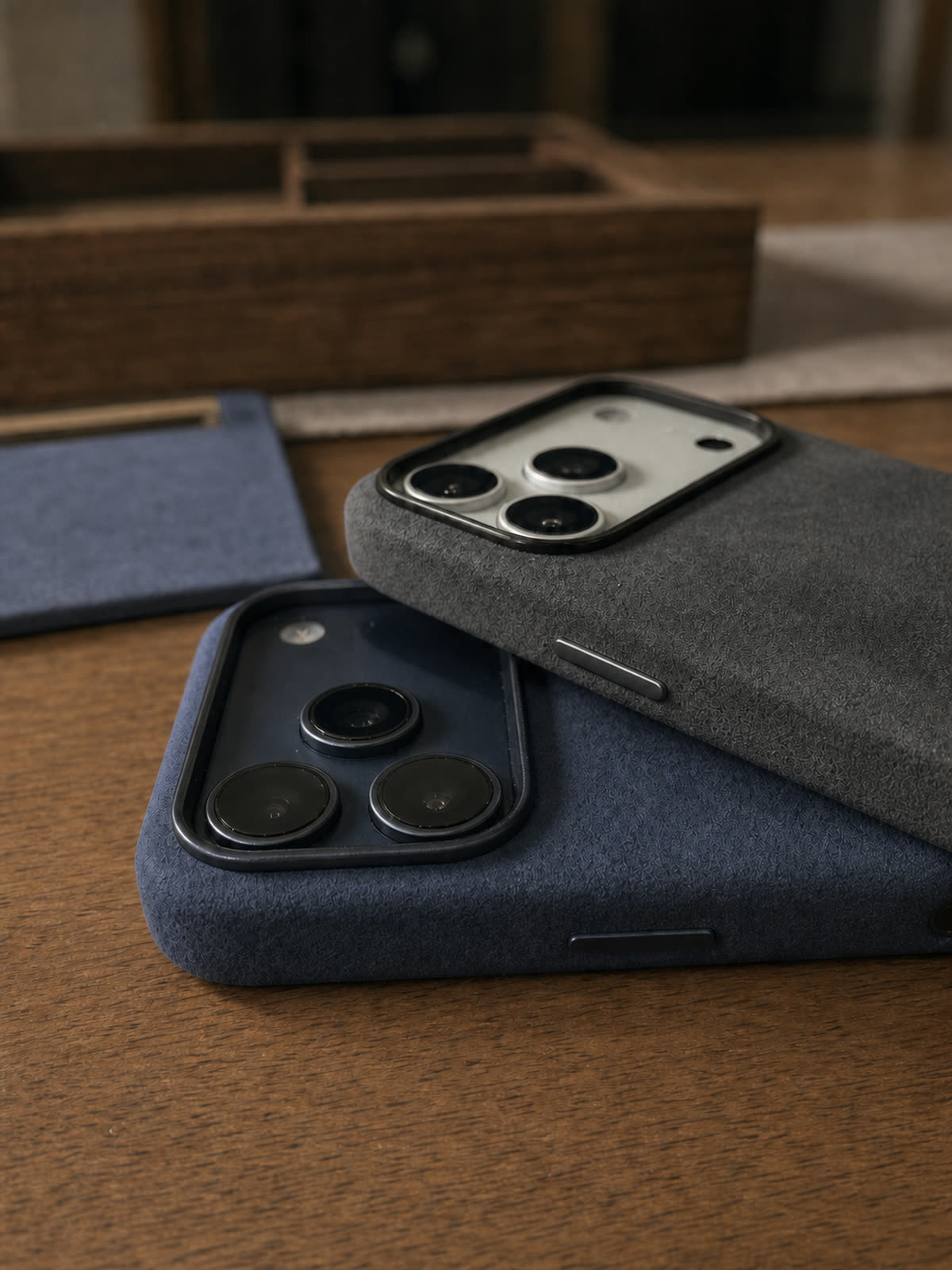 Macro view of graphite and navy Virela iPhone 17 case texture